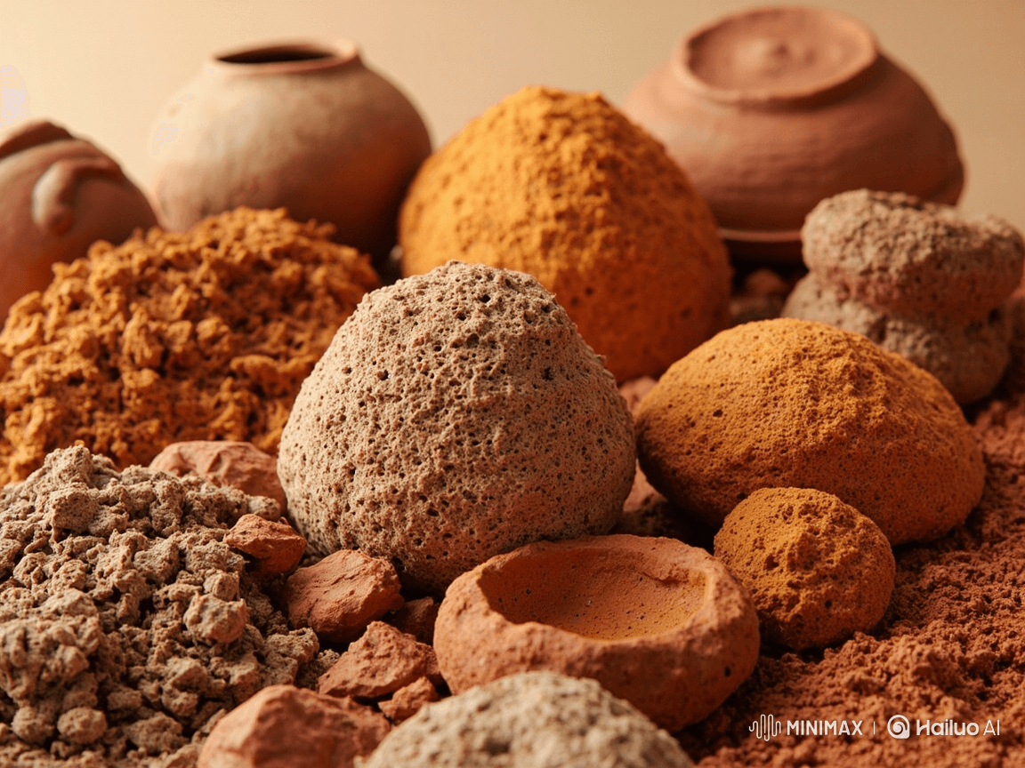 Various clay types with different textures and earth tones
